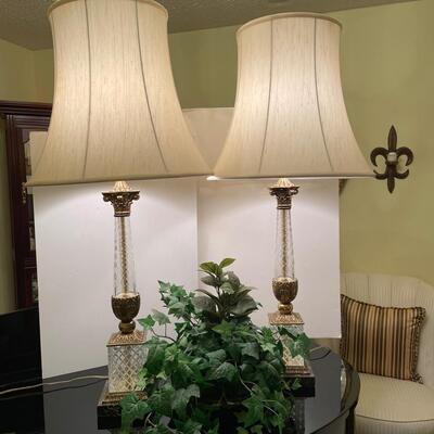Lot 30  Pair of Brass and Glass Lamps with Silk Arrangement