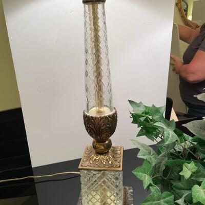 Lot 30  Pair of Brass and Glass Lamps with Silk Arrangement