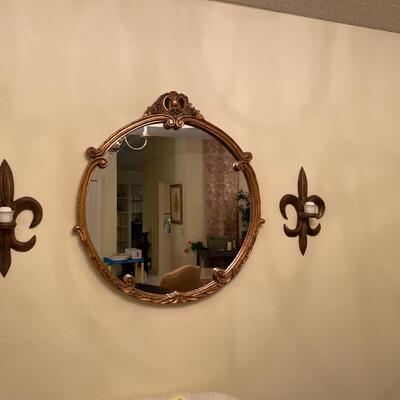 Lot 36  Gold Wall Mirror with Fleur de lis Sconces