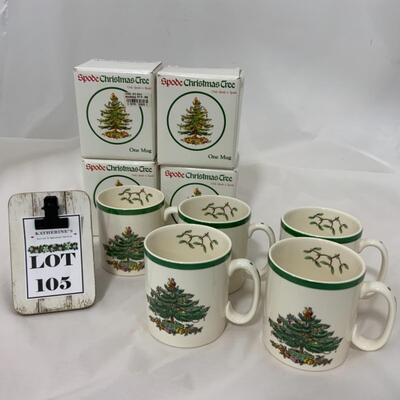 [105] SPODE | Five Mugs | Christmas Tree | Coffee | Tea | Hot Chocolate