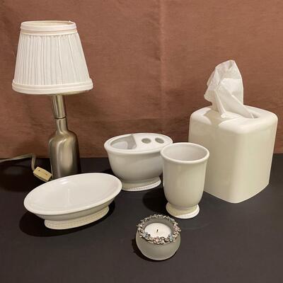 Lot 65  White Ceramic Bathroom Set with Lamp