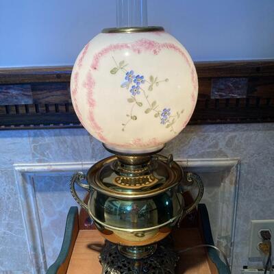 Brass converted oil lamp with hand painted glass shade