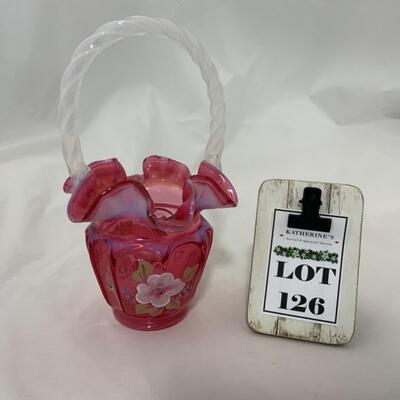 [126] FENTON | Hand Painted Basket | Cranberry | Opalescent