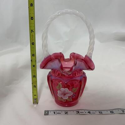 [126] FENTON | Hand Painted Basket | Cranberry | Opalescent