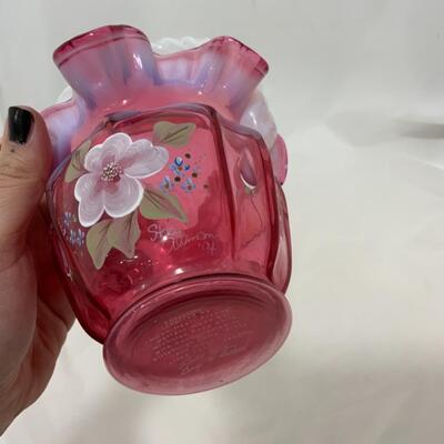 [126] FENTON | Hand Painted Basket | Cranberry | Opalescent