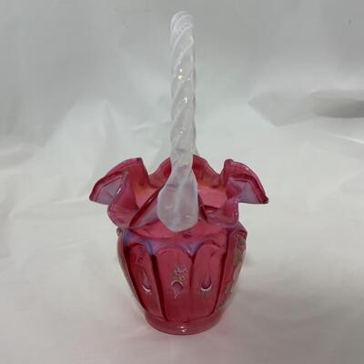 [126] FENTON | Hand Painted Basket | Cranberry | Opalescent