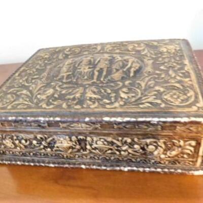 Vintage Leather Bound Mahogany Wood Storage Box Iron Smith and Anvil Theme