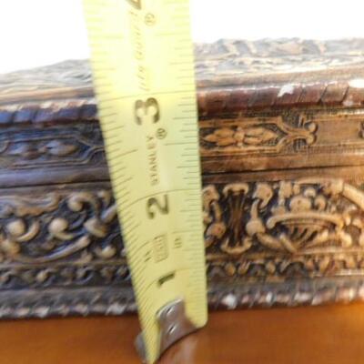 Vintage Leather Bound Mahogany Wood Storage Box Iron Smith and Anvil Theme
