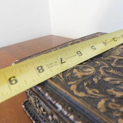 Vintage Leather Bound Mahogany Wood Storage Box Iron Smith and Anvil Theme