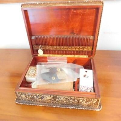 Vintage Leather Bound Mahogany Wood Storage Box Iron Smith and Anvil Theme