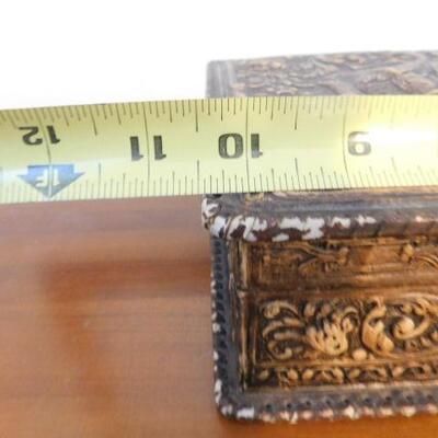Vintage Leather Bound Mahogany Wood Storage Box Iron Smith and Anvil Theme