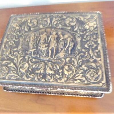 Vintage Leather Bound Mahogany Wood Storage Box Iron Smith and Anvil Theme