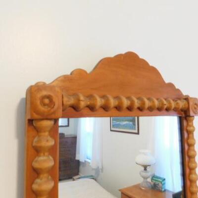 Vintage Turned Wood Barley Twist Framed Beveled Mirror 