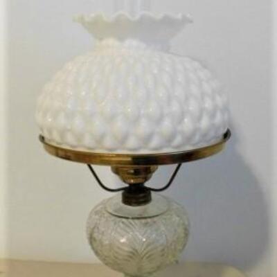 Vintage Table Hurricane Lamp with Clear Glass Post and Layered Milk Glass Shade