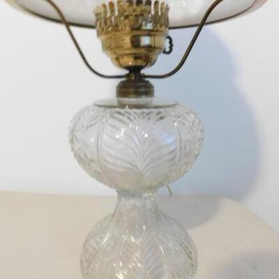 Vintage Table Hurricane Lamp with Clear Glass Post and Layered Milk Glass Shade