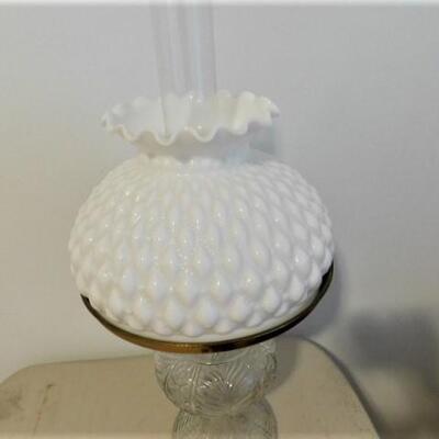 Vintage Table Hurricane Lamp with Clear Glass Post and Layered Milk Glass Shade