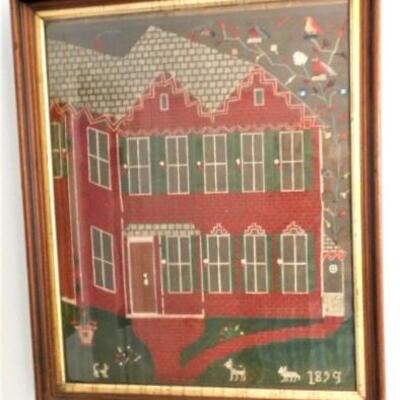 Vintage Colorful Needle Work Framed Art Brick House Dated 1879
