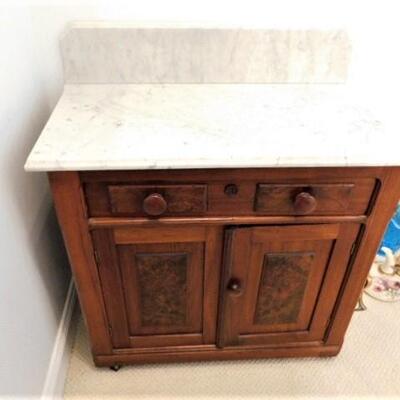 Antique Solid Wood Walnut Commode with Marble Top and Raised Panel Doors