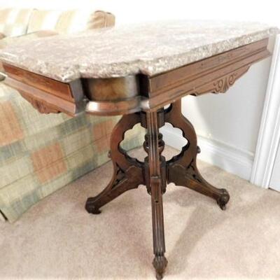 Vintage Walnut Eastlake Accent Table with Earth Tone Marble Top