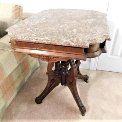 Vintage Walnut Eastlake Accent Table with Earth Tone Marble Top