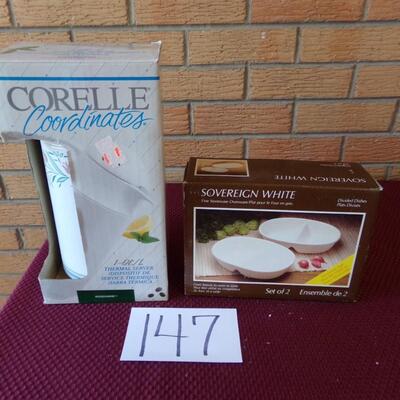 LOT 147  NEW CORELLE THERMAL SERVE & 2 SOVEREIGN DISHES