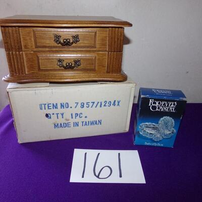 LOT 161  NEW WOODEN JEWELRY BOX AND CRYSTAL TRINKET BOX