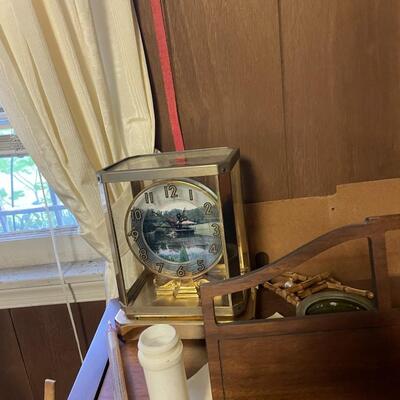 lot 329- Vintage organ, bench, misc. items, fountain, statue, clock, chairs