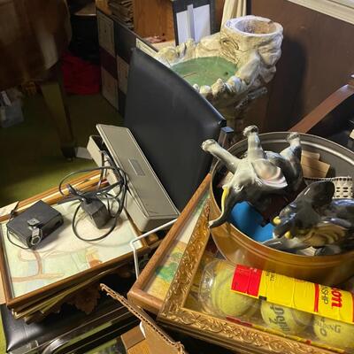 lot 329- Vintage organ, bench, misc. items, fountain, statue, clock, chairs