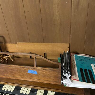 lot 329- Vintage organ, bench, misc. items, fountain, statue, clock, chairs