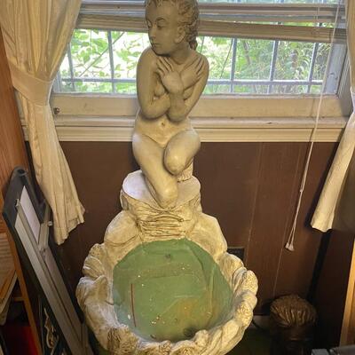 lot 329- Vintage organ, bench, misc. items, fountain, statue, clock, chairs