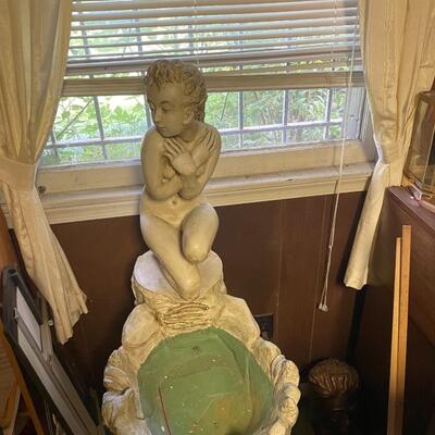 lot 329- Vintage organ, bench, misc. items, fountain, statue, clock, chairs