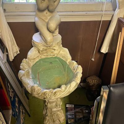 lot 329- Vintage organ, bench, misc. items, fountain, statue, clock, chairs