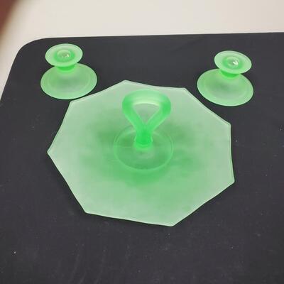 Uranium Glass Dish & 2 Candle holders 