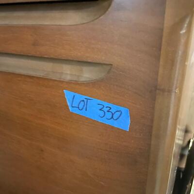 lot 330- large cabinet, speakers, lights, misc. frames and pictures