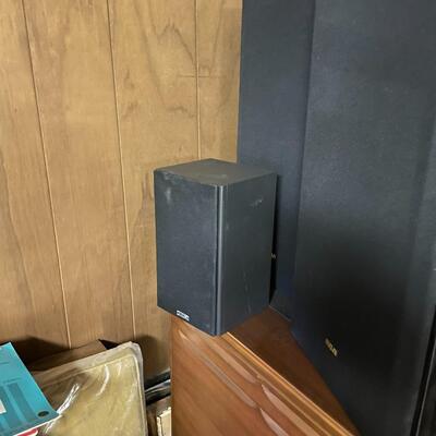 lot 330- large cabinet, speakers, lights, misc. frames and pictures