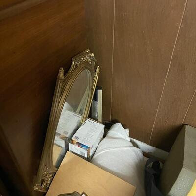 lot 330- large cabinet, speakers, lights, misc. frames and pictures