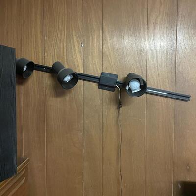 lot 330- large cabinet, speakers, lights, misc. frames and pictures