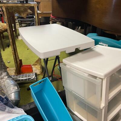 lot 334- misc. plastic containers, bookshelves, misc. items
