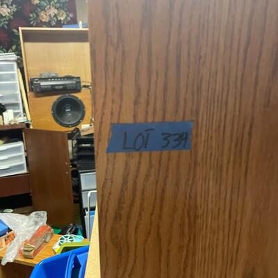 lot 334- misc. plastic containers, bookshelves, misc. items
