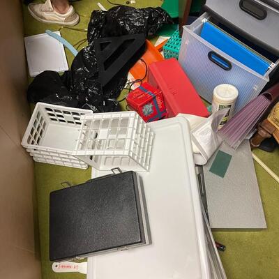 lot 334- misc. plastic containers, bookshelves, misc. items
