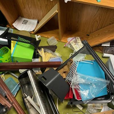 lot 334- misc. plastic containers, bookshelves, misc. items