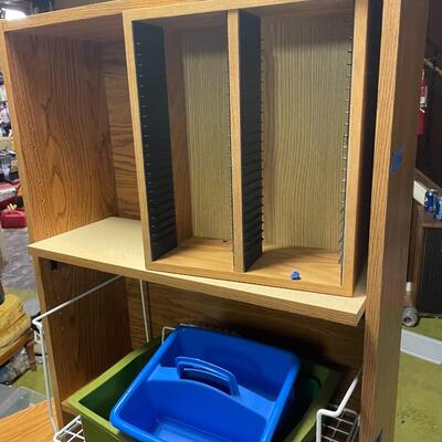 lot 334- misc. plastic containers, bookshelves, misc. items