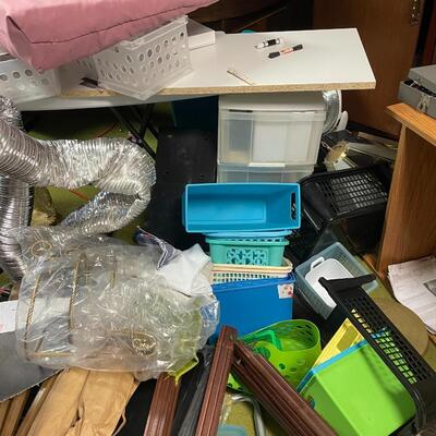 lot 334- misc. plastic containers, bookshelves, misc. items