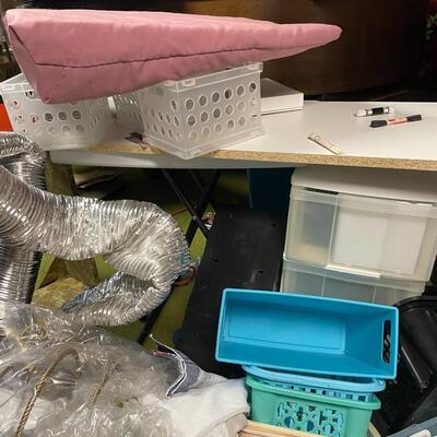 lot 334- misc. plastic containers, bookshelves, misc. items