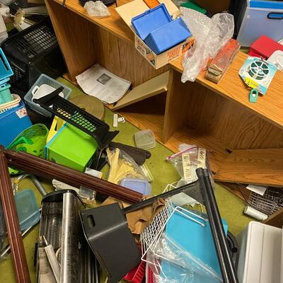 lot 334- misc. plastic containers, bookshelves, misc. items