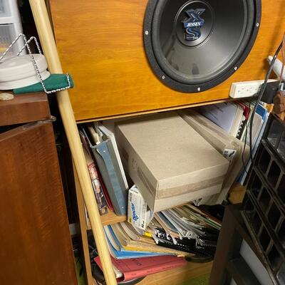 lot 335- mid. century modern cabinet with contents, misc. items, electronics, books, etc.