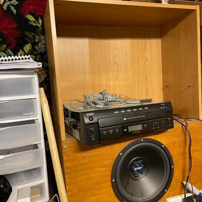 lot 335- mid. century modern cabinet with contents, misc. items, electronics, books, etc.