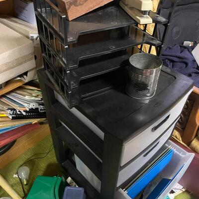 lot 335- mid. century modern cabinet with contents, misc. items, electronics, books, etc.