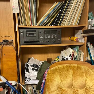 lot 335- mid. century modern cabinet with contents, misc. items, electronics, books, etc.