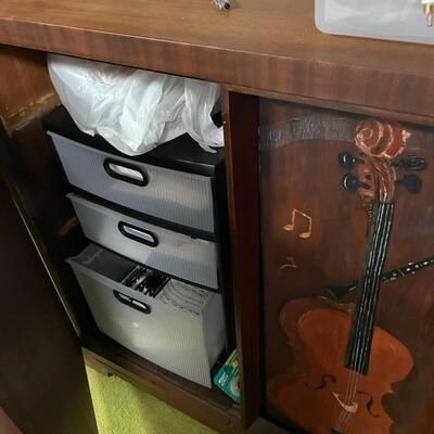 lot 335- mid. century modern cabinet with contents, misc. items, electronics, books, etc.